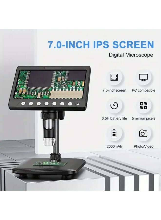 مجهز بـ 8 مصابيح LED، مجهر رقمي عالي الدقة 1200X مقاس 7 بوصات باللون الأسود، قابل لإعادة الشحن عبر USB - Image 1